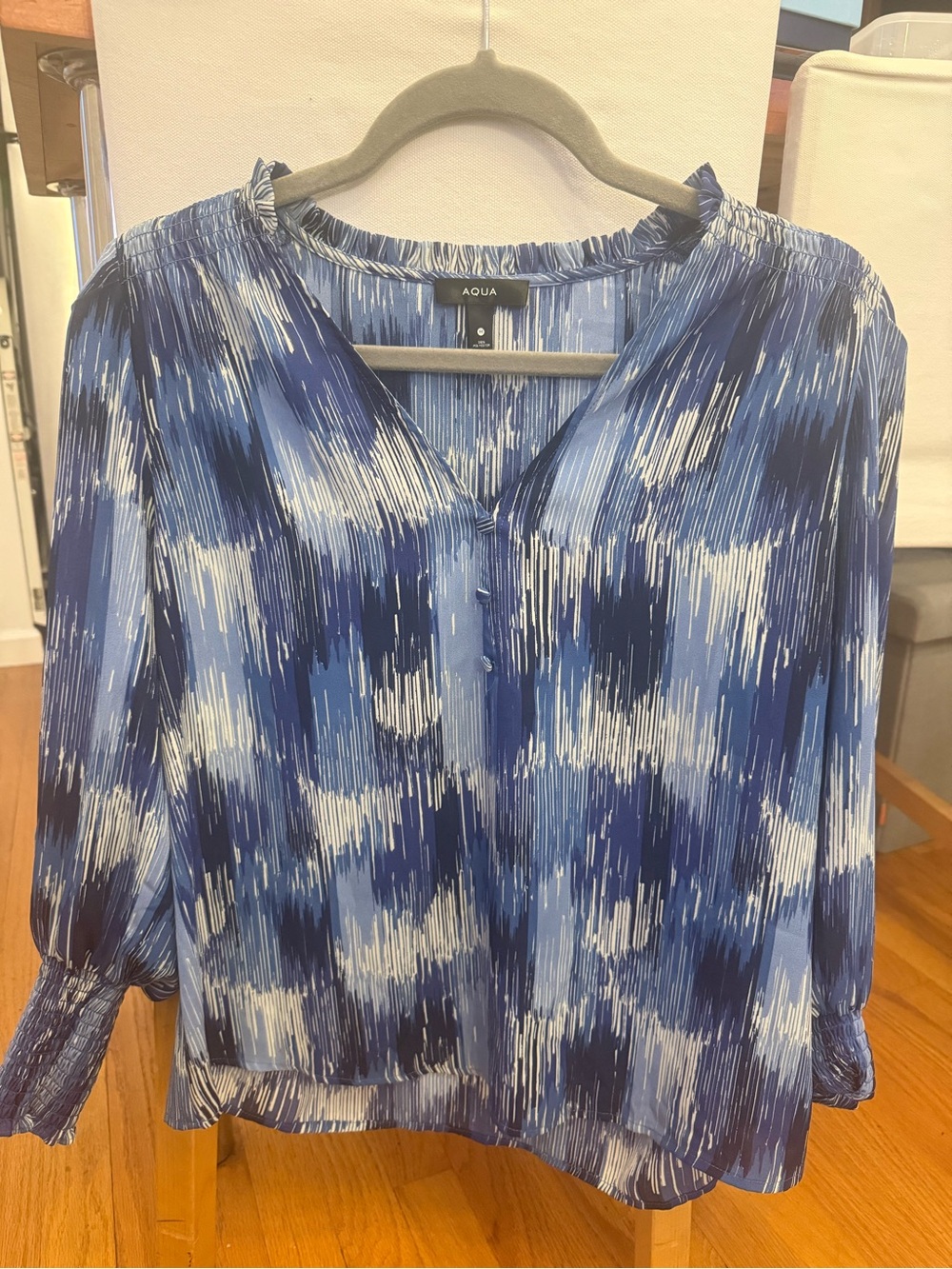 Aqua Blue & White Brushstroke V-Neck Blouse